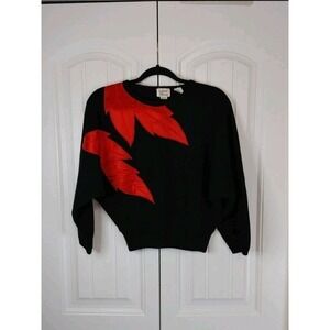 Vtg 80s Red Black Mod Flower Sating Leaf Knit Batwing Sweater Lamb Wool Rabbit